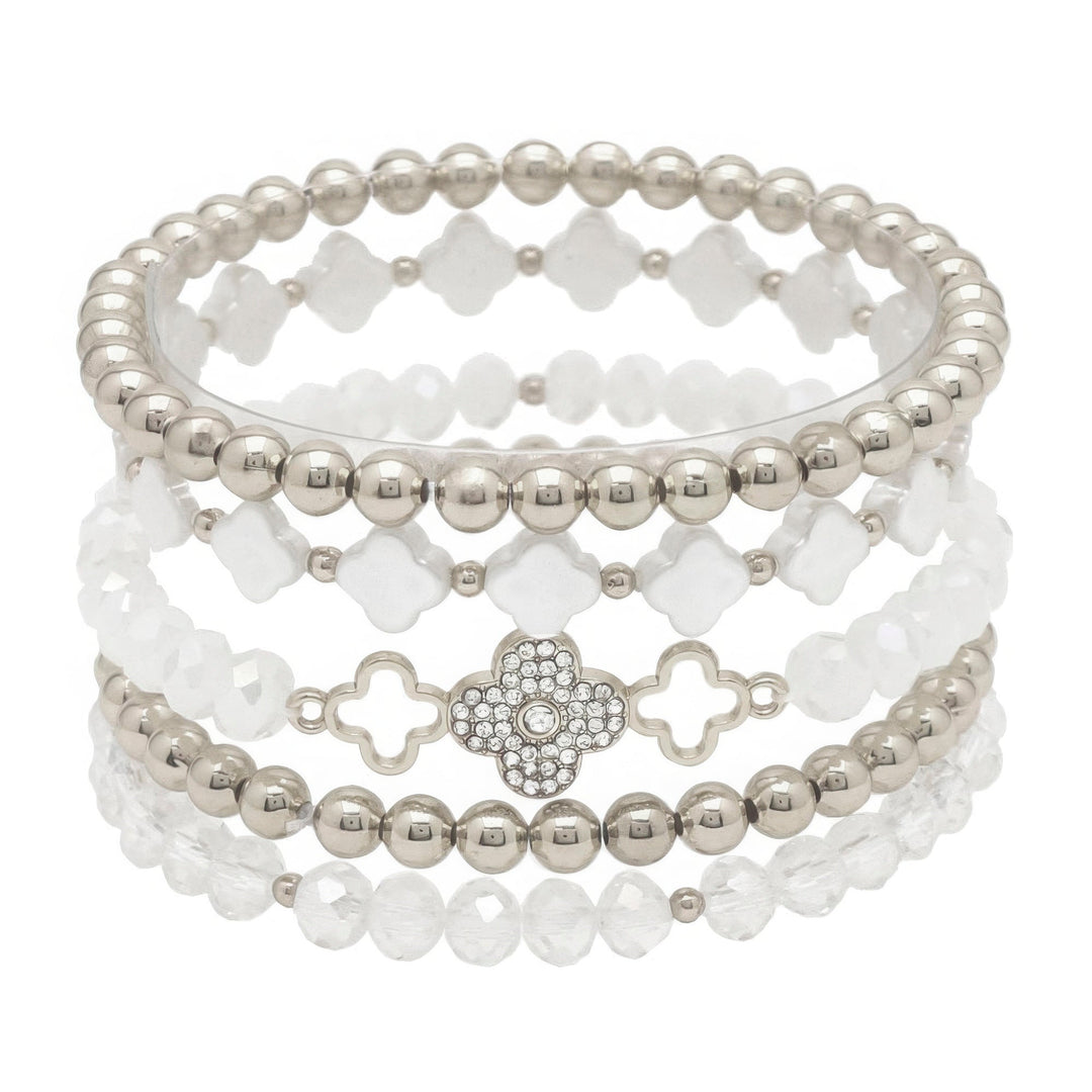 Clover Metal Pearl Rhinestone Stretch Bracelet Set