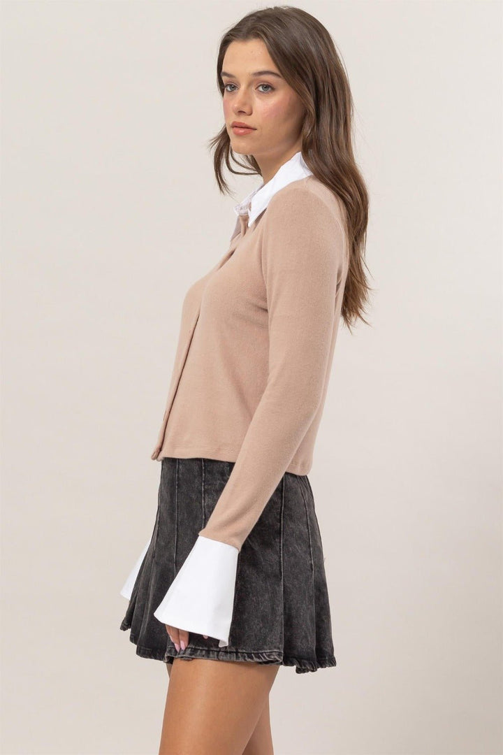 Collared Contrast Button Down Crop Knit Cardigan