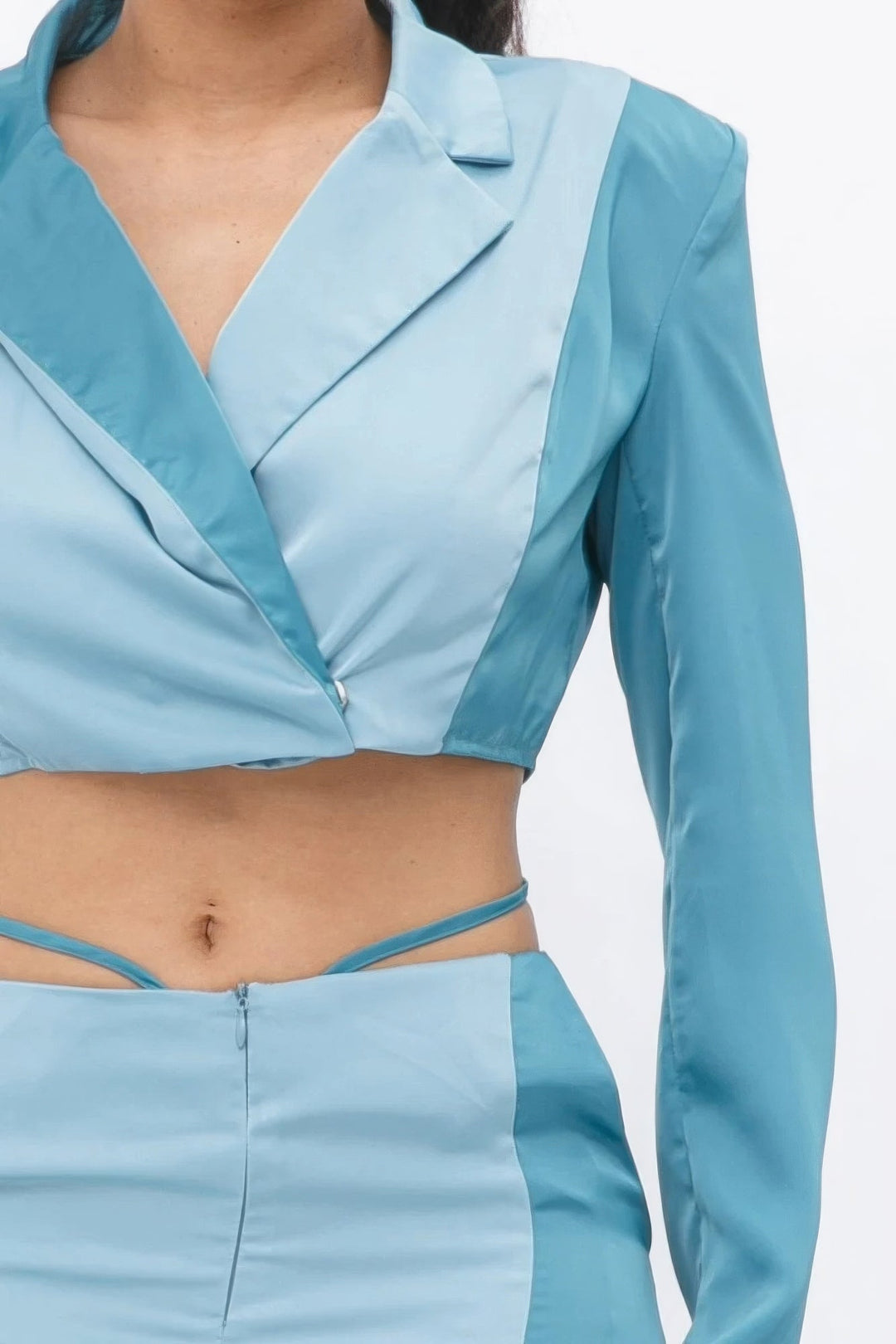 Colorblock Crop Blazer With Matching Pant Set, Blue