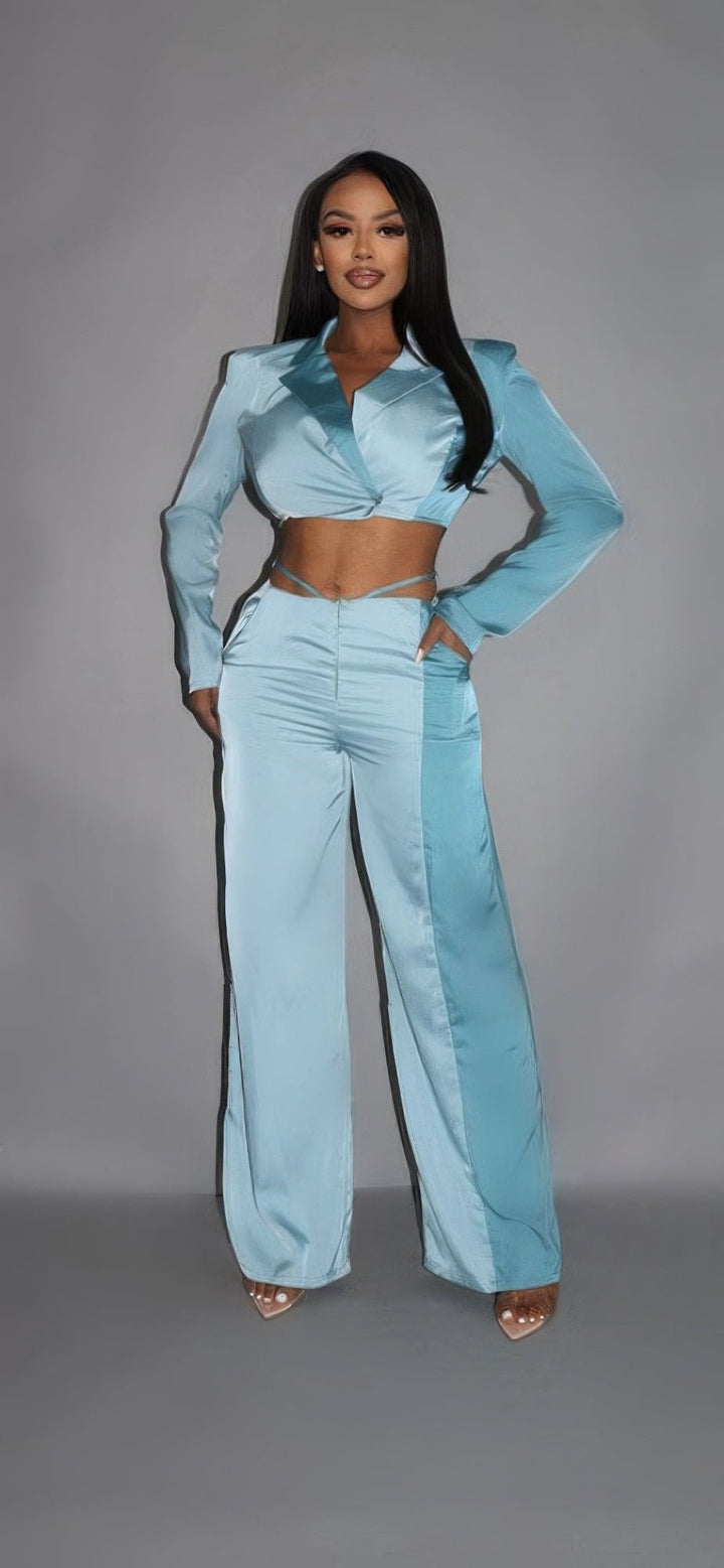 Colorblock Crop Blazer With Matching Pant Set, Blue