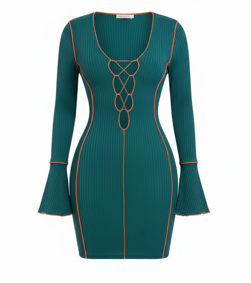 Contrast Deep V Dress - Green