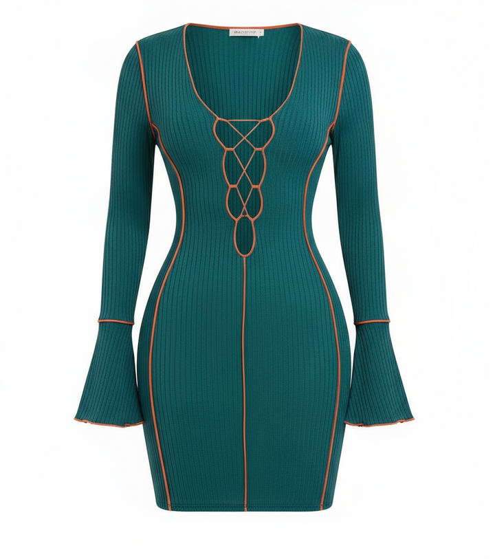 Contrast Deep V Dress - Green