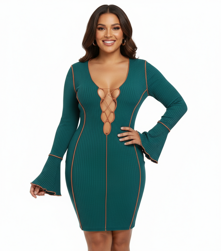 Contrast Deep V Dress - Green