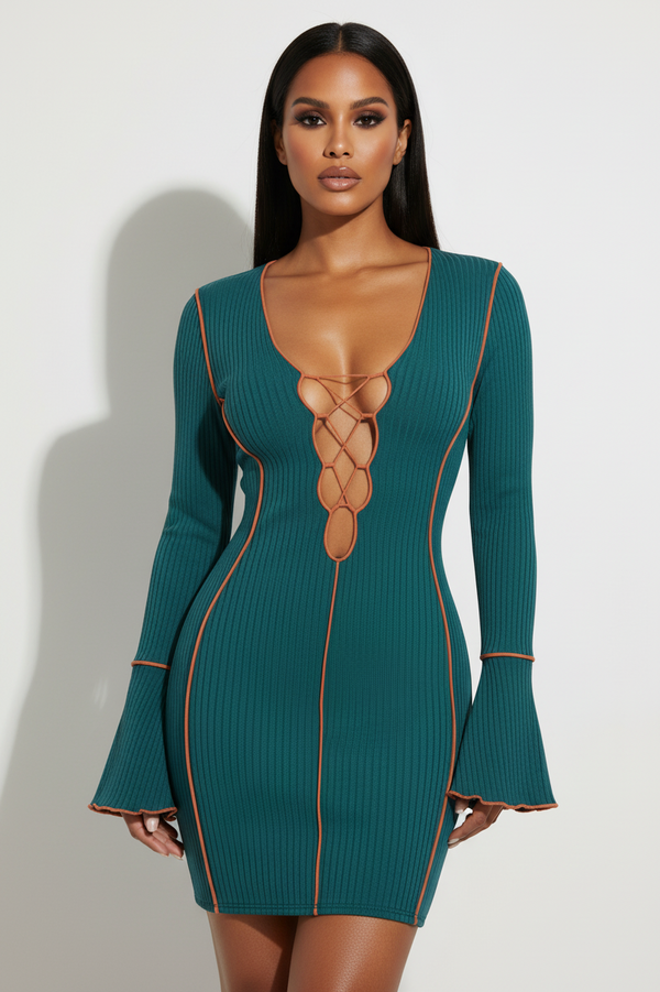 Contrast Deep V Dress - Green