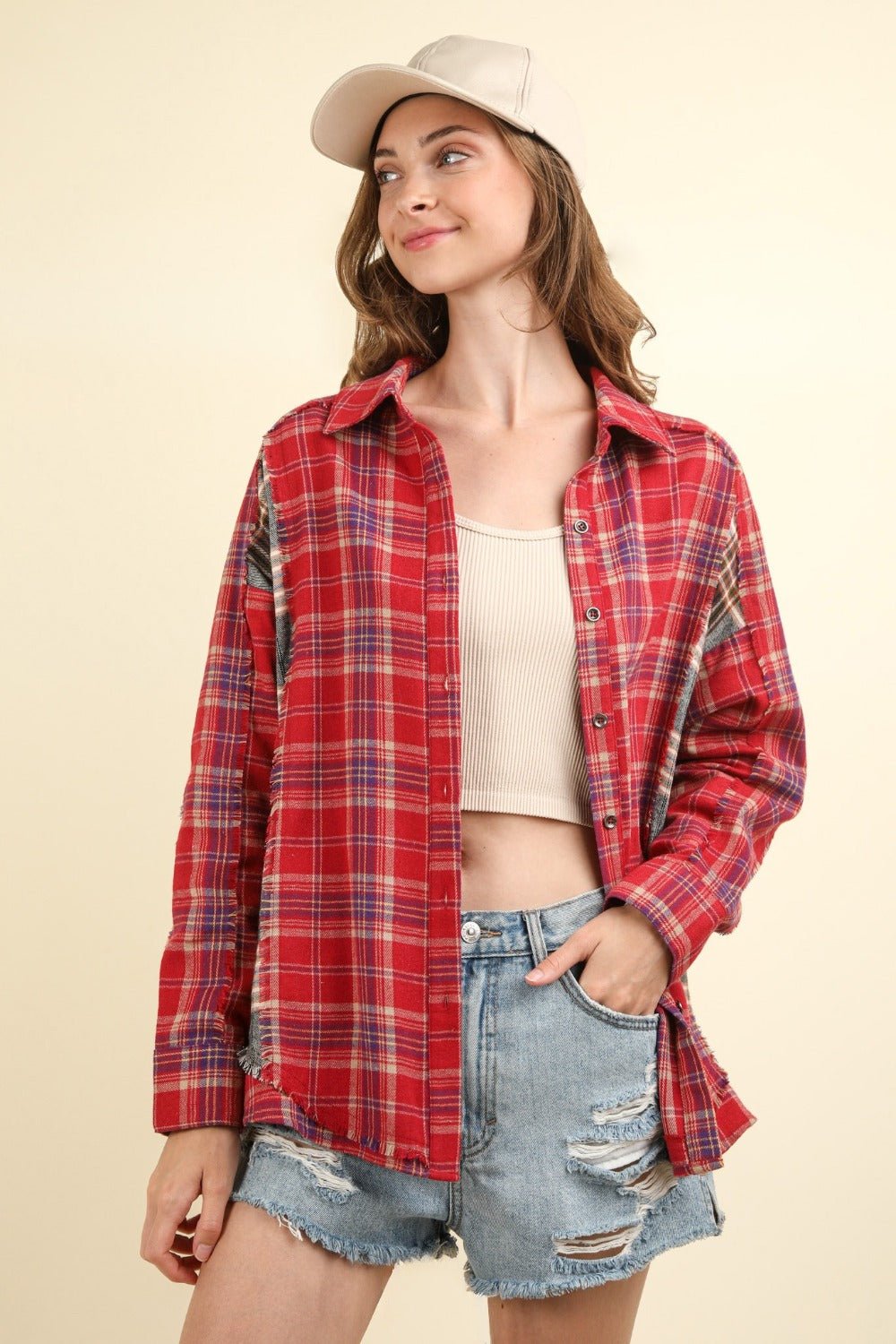 Contrast Plaid Raw Detail Shirt, Red