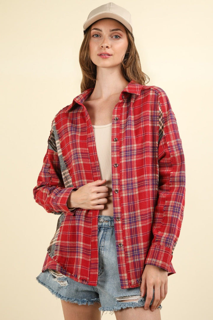 Contrast Plaid Raw Detail Shirt, Red