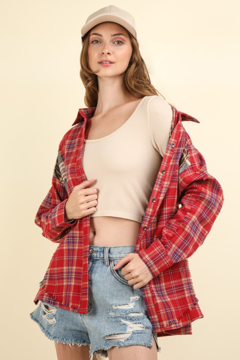 Contrast Plaid Raw Detail Shirt, Red