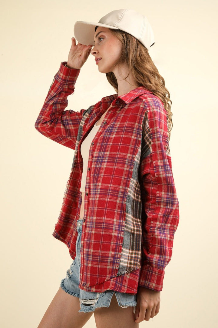 Contrast Plaid Raw Detail Shirt, Red