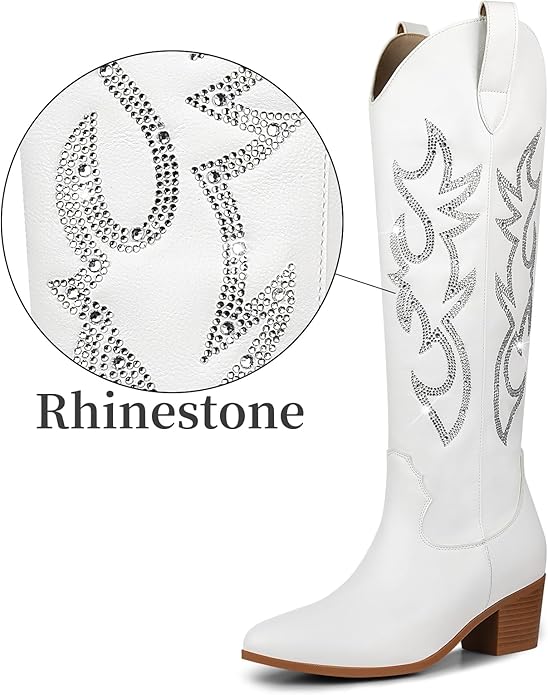 Western Pointed Pull-On Knee High Cowgirl Rhinestone Boots