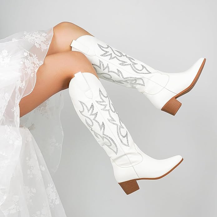 Western Pointed Pull-On Knee High Cowgirl Rhinestone Boots