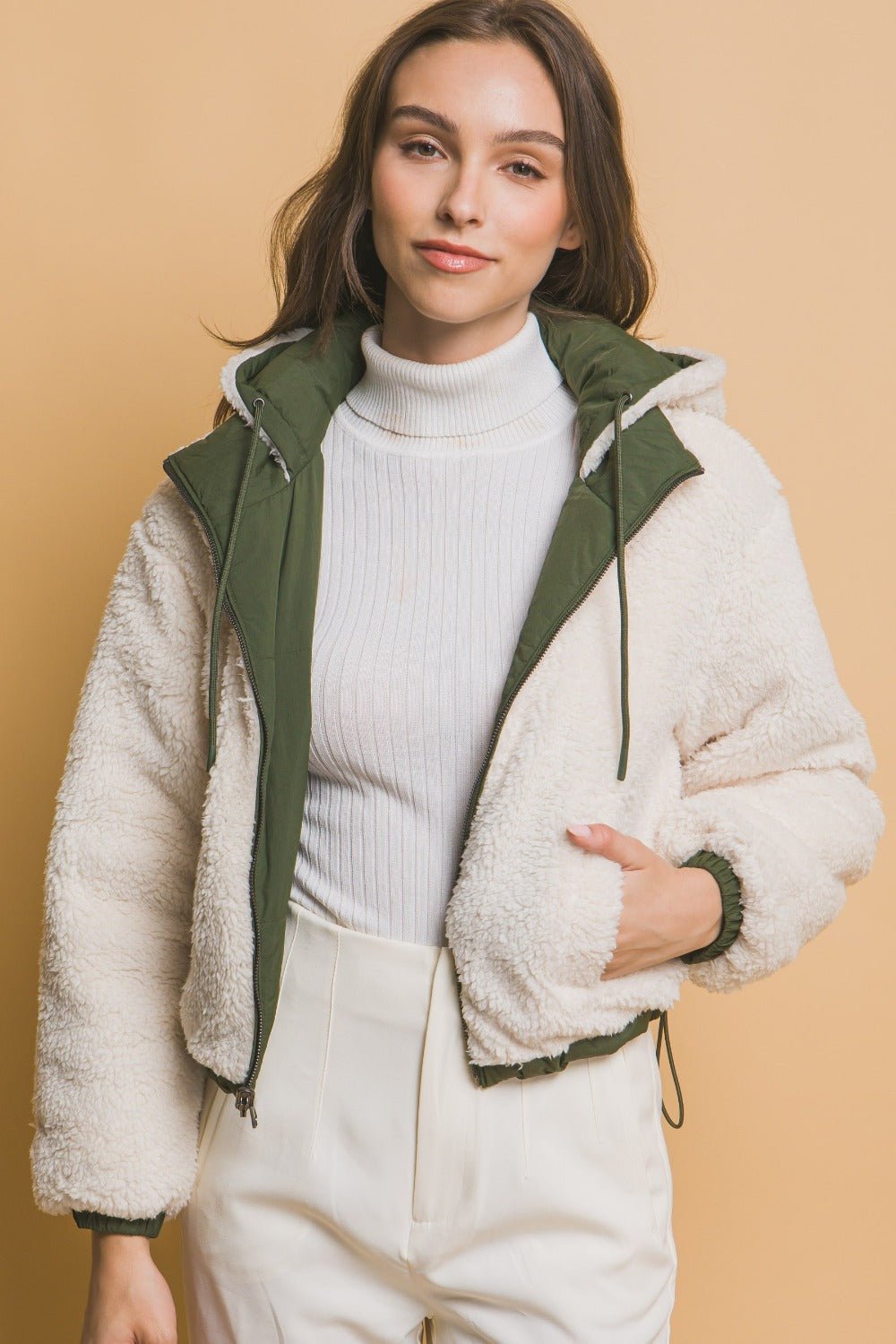 Cropped Hooded Sherpa Reversible Jacket