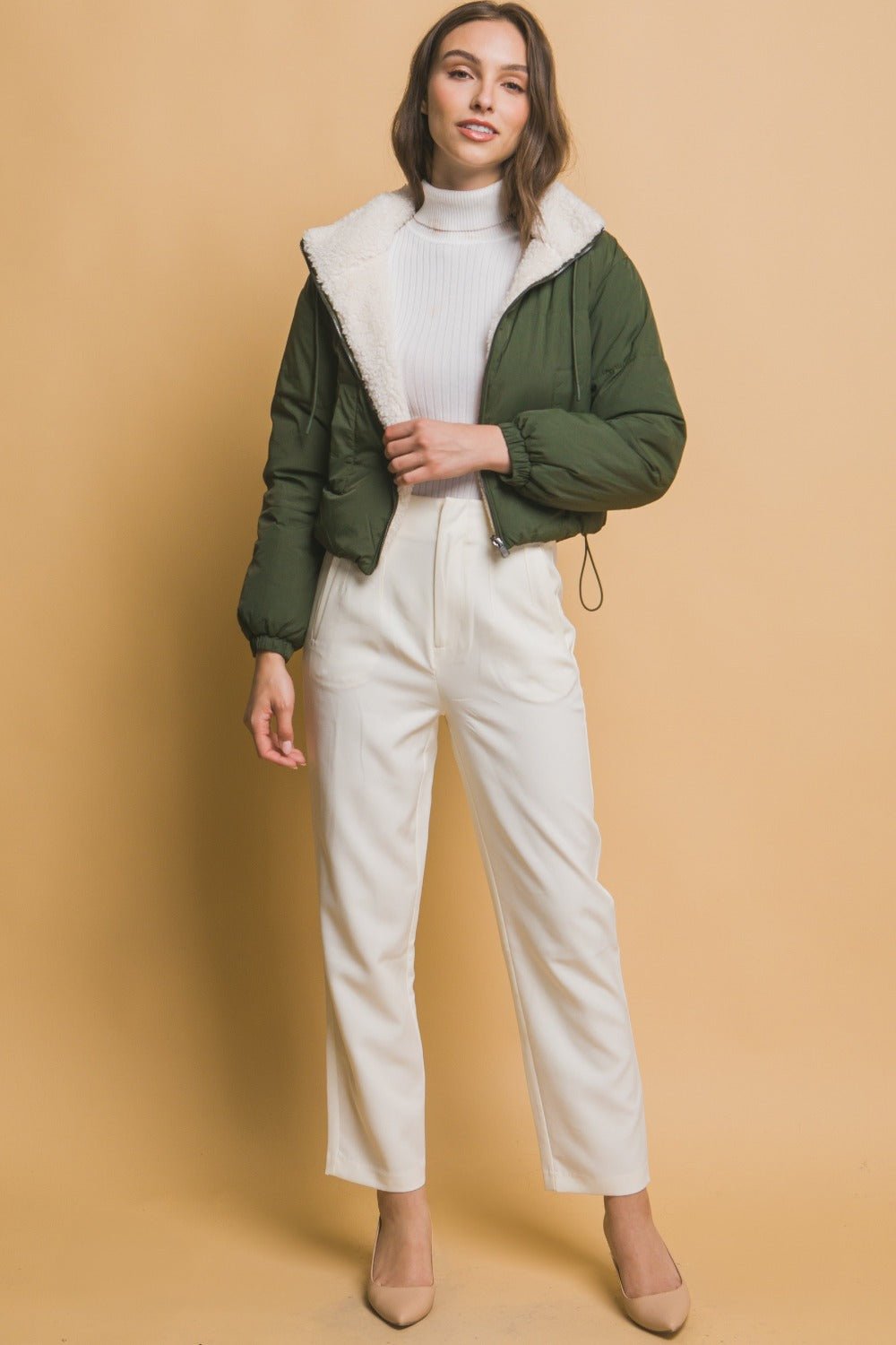 Cropped Hooded Sherpa Reversible Jacket