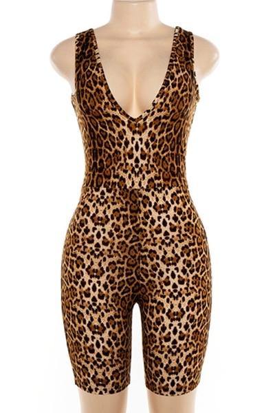 Deep V Cut Leopard Print Romper - 7Kouture