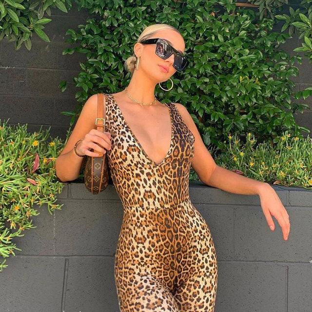 Deep V Cut Leopard Print Romper - 7Kouture