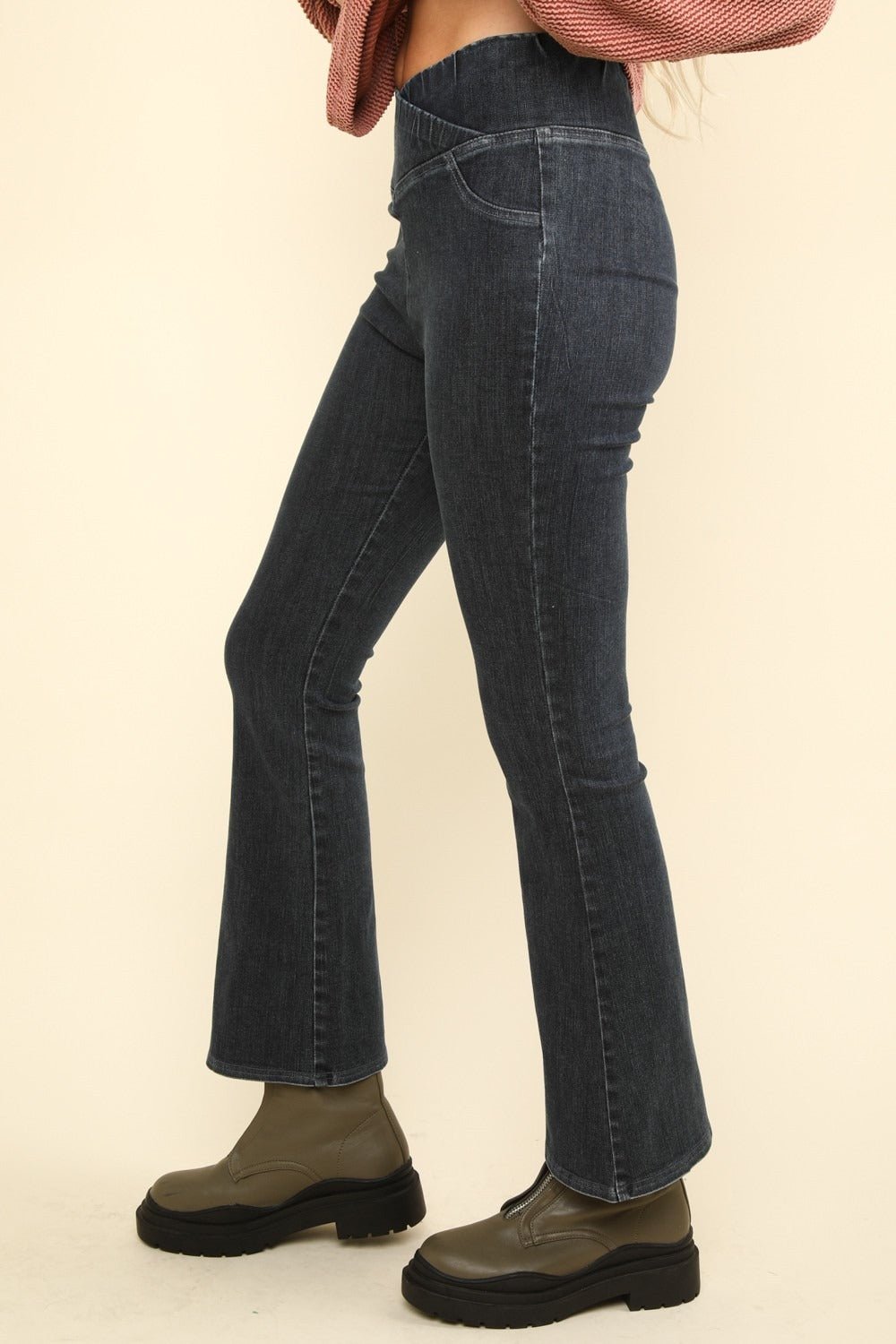 Denim Stretchy Crossover Waist Leggings, Black