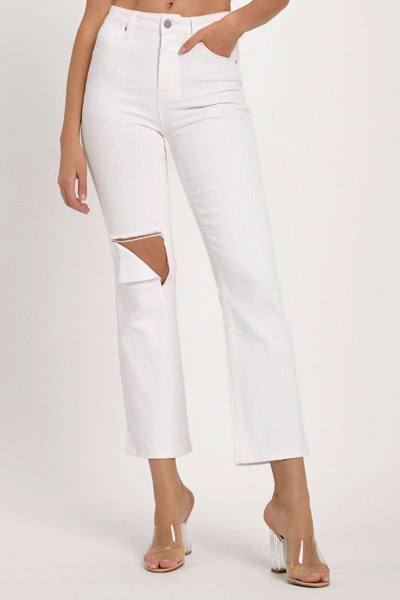 Distressed Cropped Straight Jeans, White