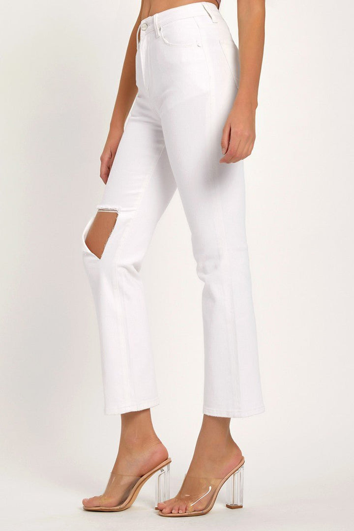 Distressed Cropped Straight Jeans, White