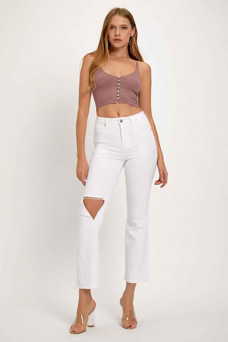 Distressed Cropped Straight Jeans, White