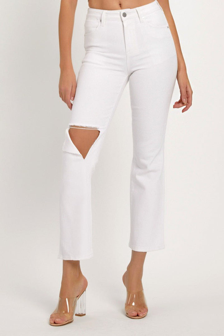 Distressed Cropped Straight Jeans, White