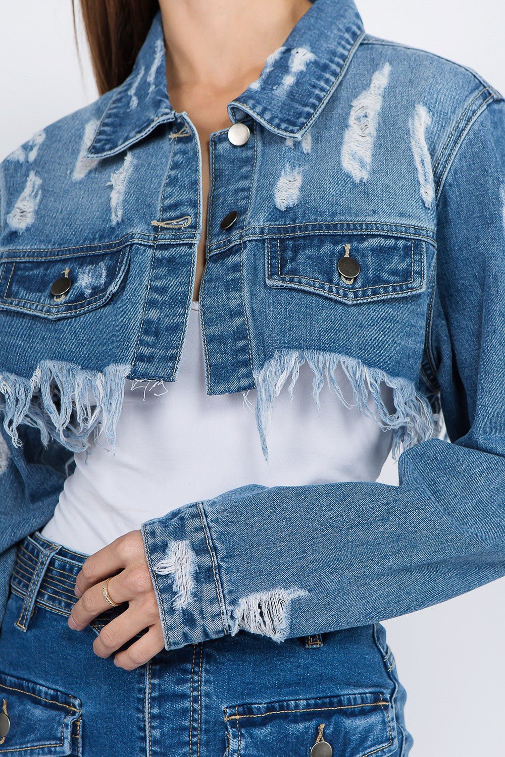 Distressed Denim Jacket with Frayed Hem