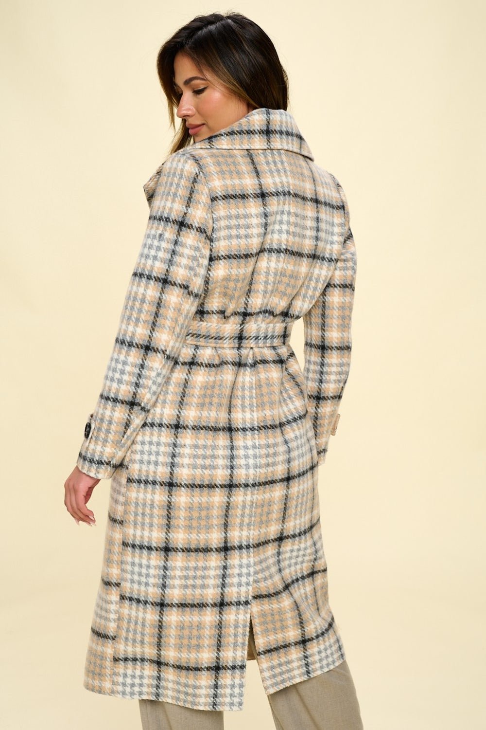 Double-Breasted Plaid Coat with Belt