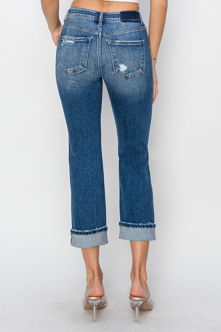 Cuffed Ankle Distressed Straight Jeans