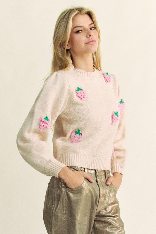 Crochet Strawberry Round Neck Sweater