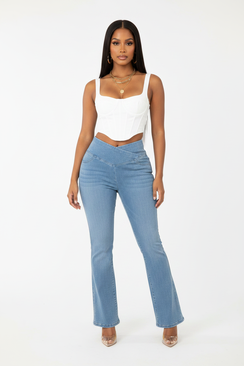 Washed Denim Stretchy Crossover Waist Leggings