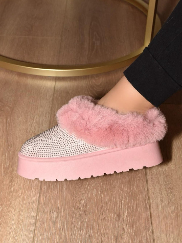 Embellished Faux Fur Platform Booties, Pink