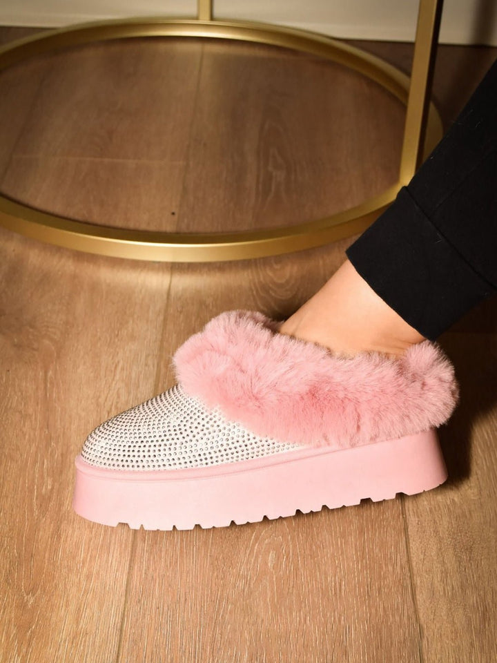 Embellished Faux Fur Platform Booties, Pink