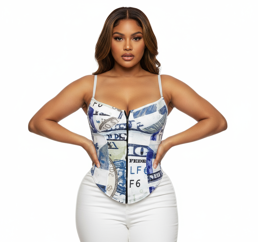 Euros, Dollars and Yen Money Corset Top