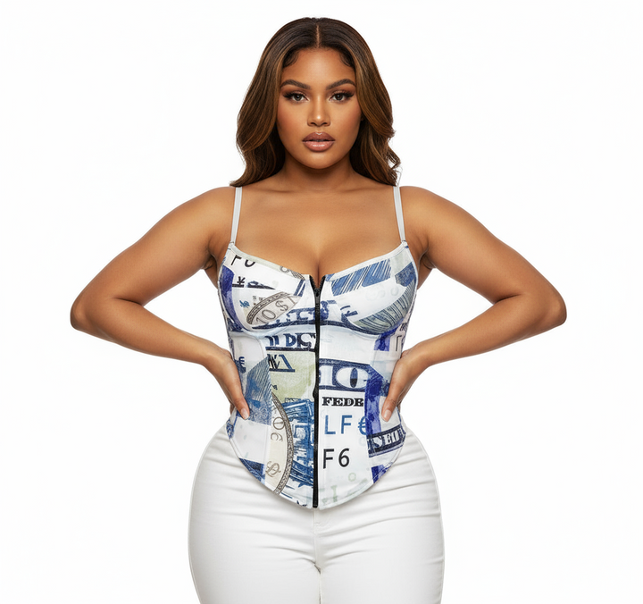 Euros, Dollars and Yen Money Corset Top