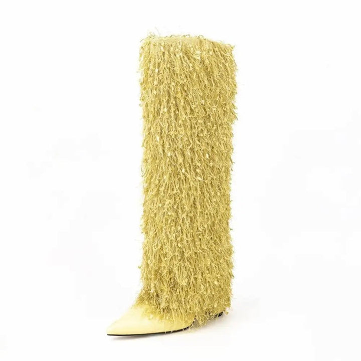 Metallic Fringe Knee High Boots