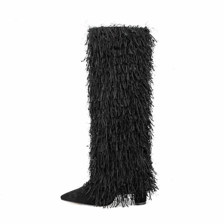 Metallic Fringe Knee High Boots