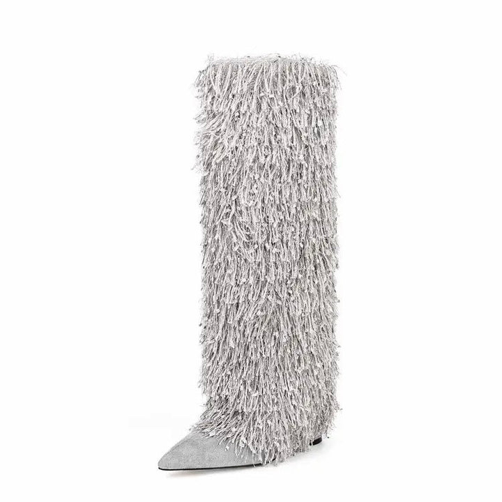 Metallic Fringe Knee High Boots