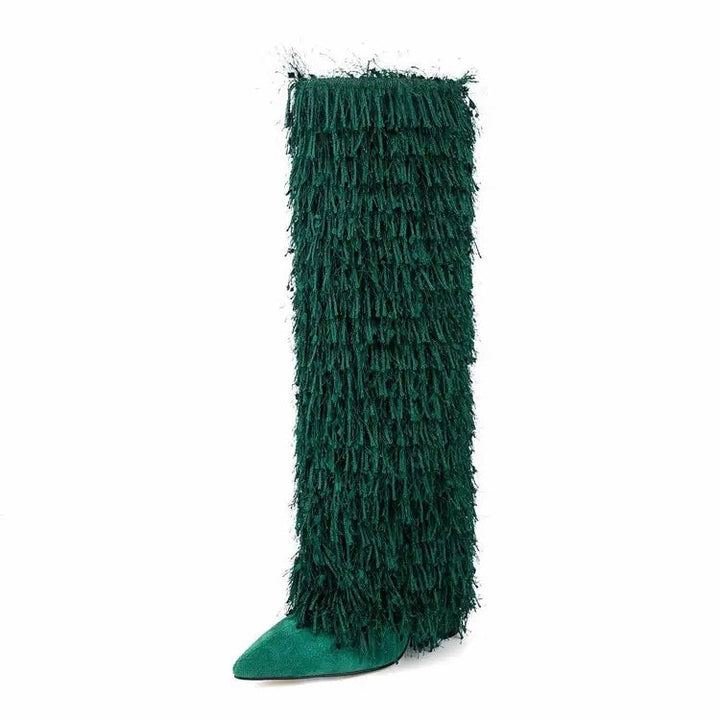 Metallic Fringe Knee High Boots