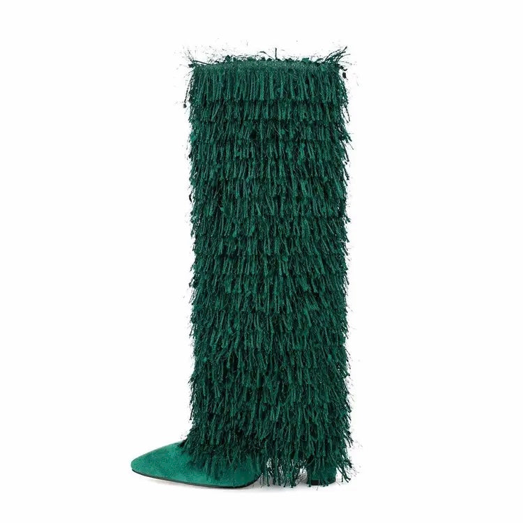 Metallic Fringe Knee High Boots