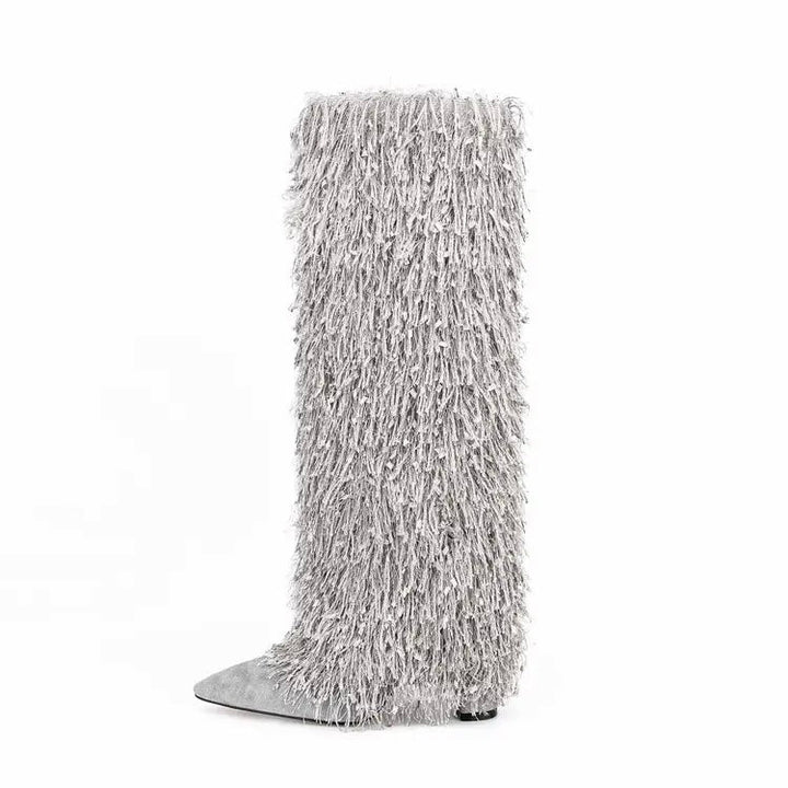 Metallic Fringe Knee High Boots