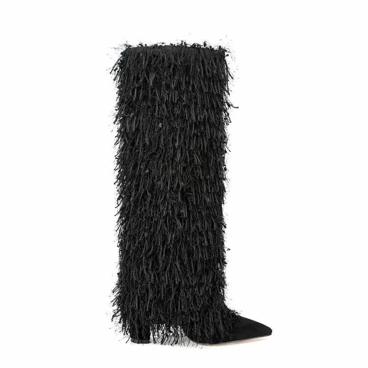 Metallic Fringe Knee High Boots