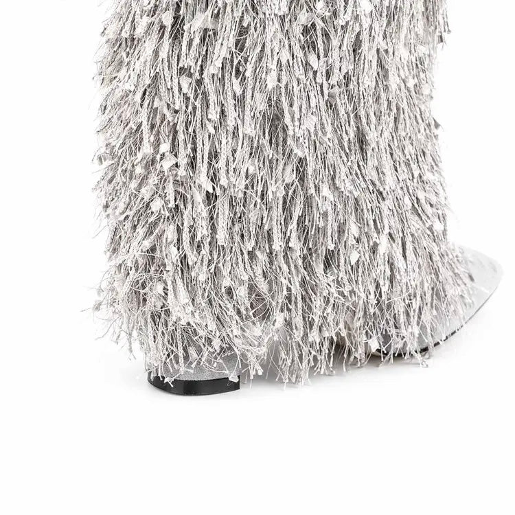 Metallic Fringe Knee High Boots