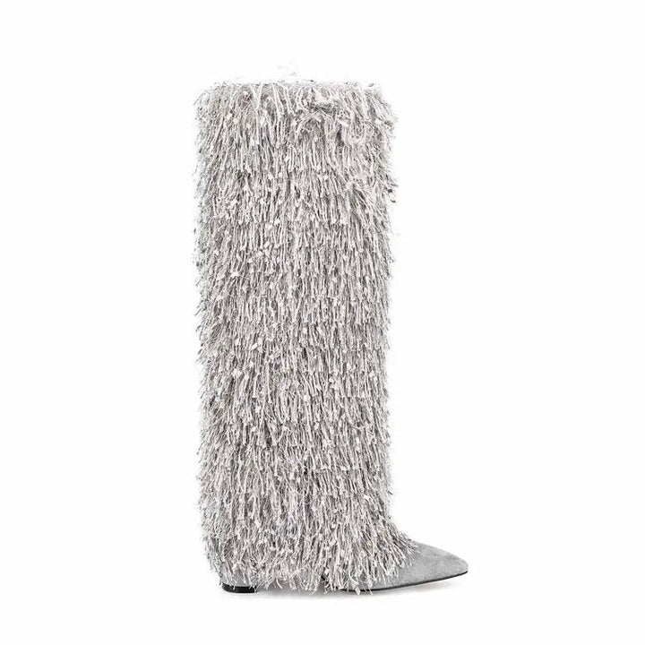 Metallic Fringe Knee High Boots