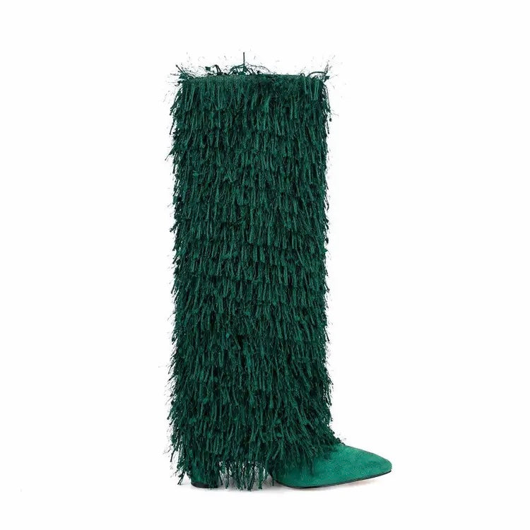 Metallic Fringe Knee High Boots