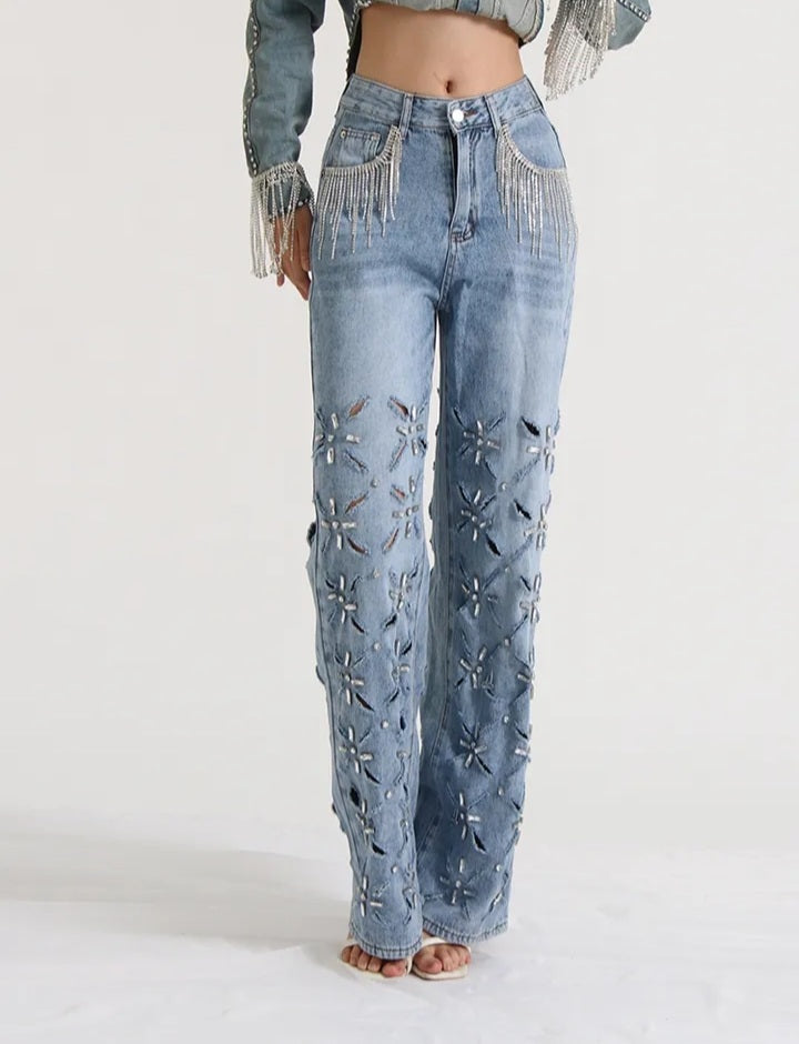 Rhinestone Hollow Out Tassel High Waist Women Jeans