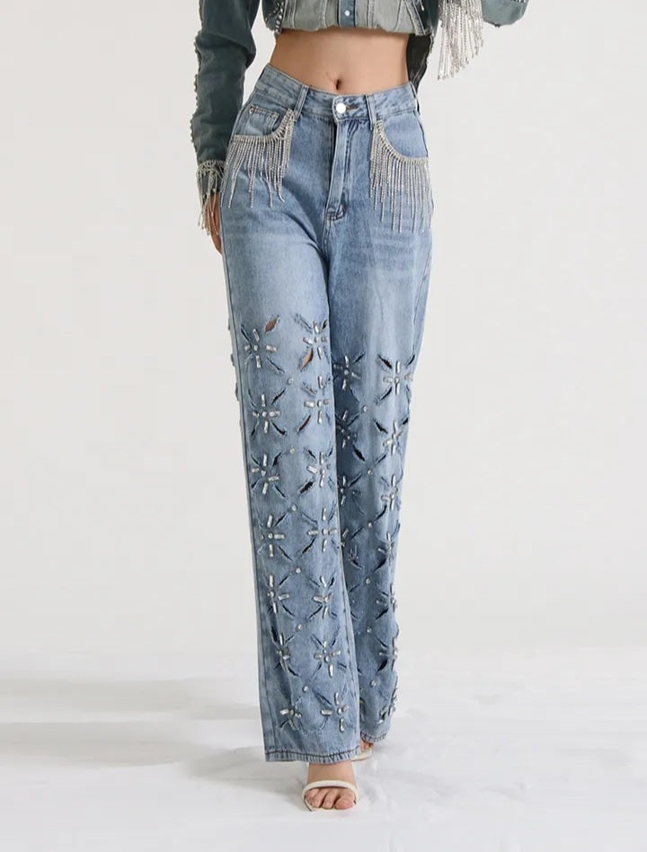 Rhinestone Hollow Out Tassel High Waist Women Jeans