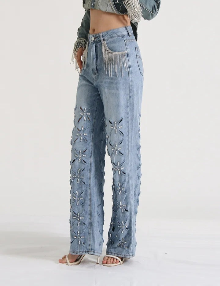 Rhinestone Hollow Out Tassel High Waist Women Jeans