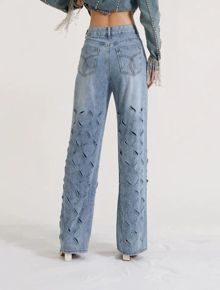 Rhinestone Hollow Out Tassel High Waist Women Jeans