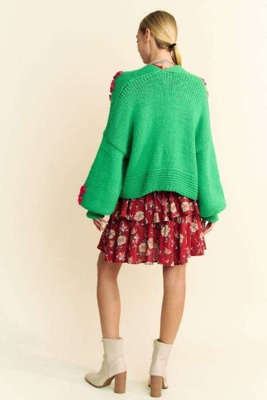 Floral Applique Open Front Drop Shoulder Cardigan