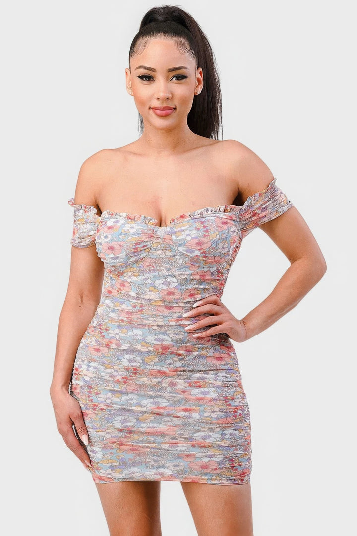 Floral Print Mesh Sweetheart Ruched Mini Dress