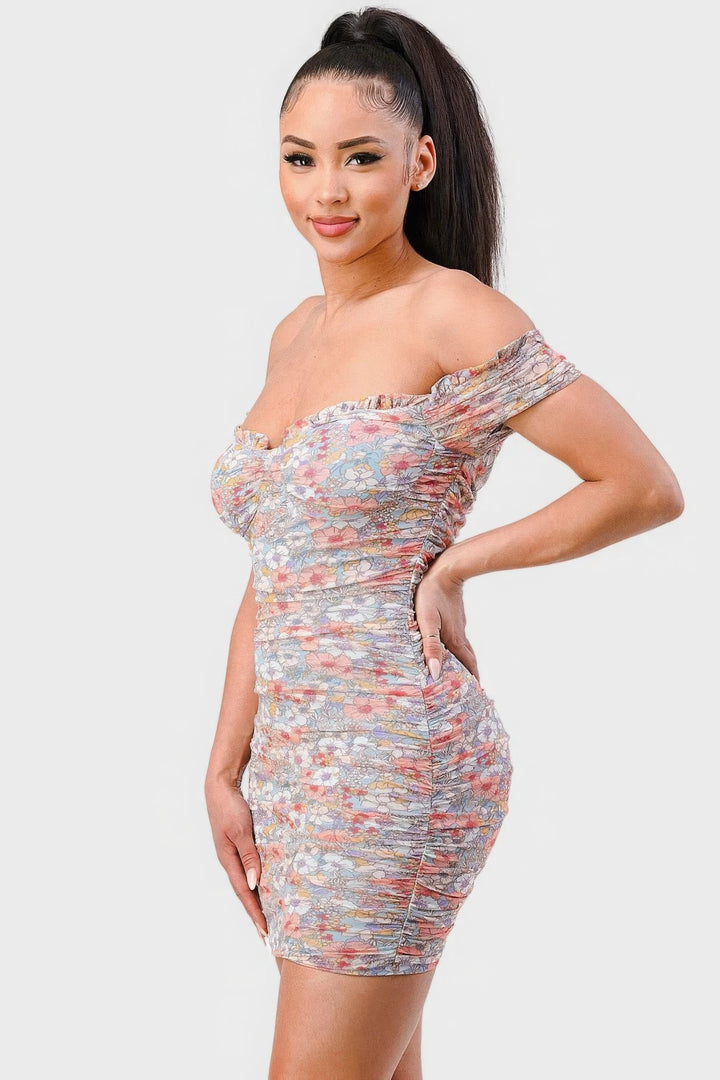 Floral Print Mesh Sweetheart Ruched Mini Dress