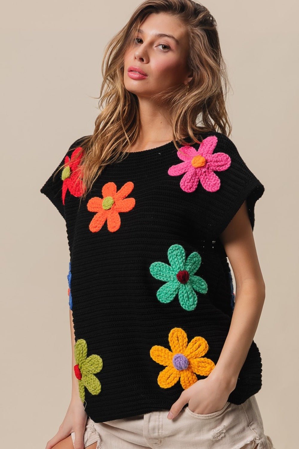 Flower Round Neck Cap Sleeve Knit Top